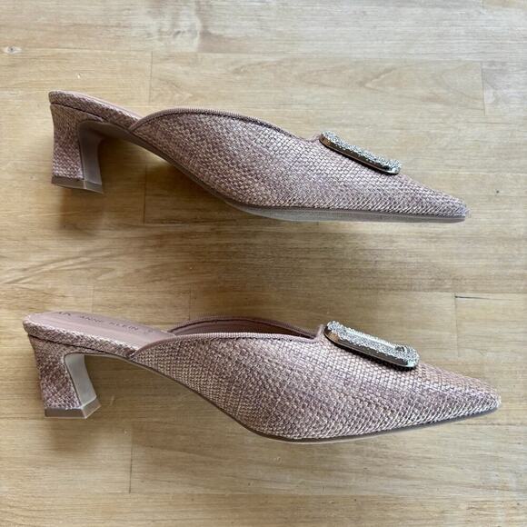 Anne Klein AK iflex Comfort Sparkle Buckle Brown Raffia Kitten Heel Mule Slide - Picture 7 of 9
